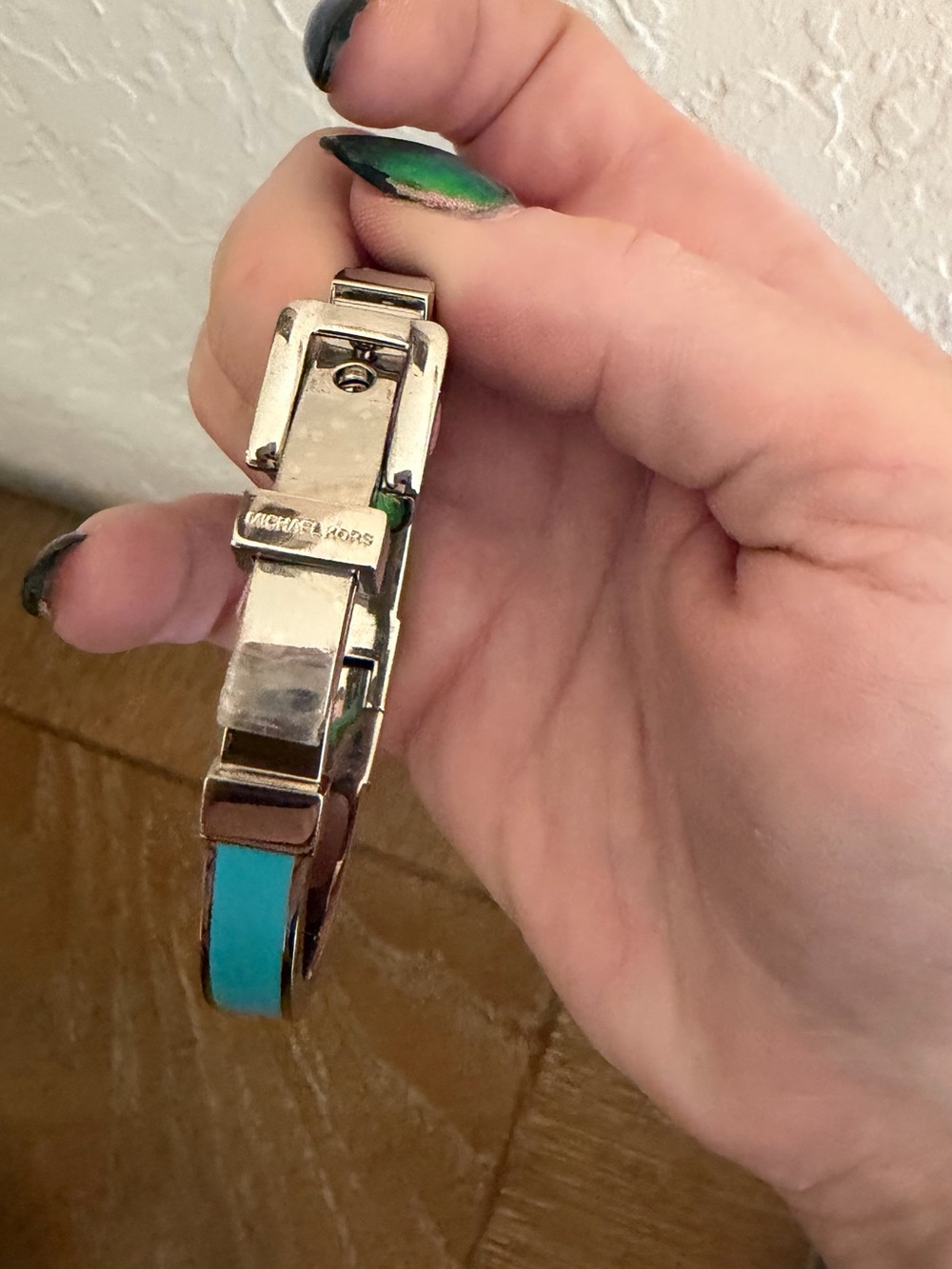 Michael Kors Silver & Turquoise Enamel Hinged Bracelet buckle Accent